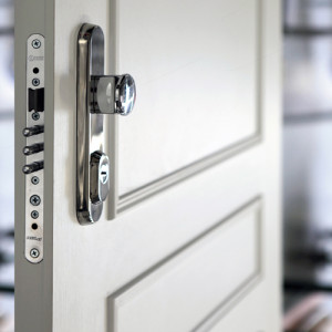 ADLO � Sicherheitst�r TEDUO, Leistenausf�hrung, T�roberfl�che wei� 113, T�rbeschlag abgerundet Chrom rostfreier Stahl gl�nzend